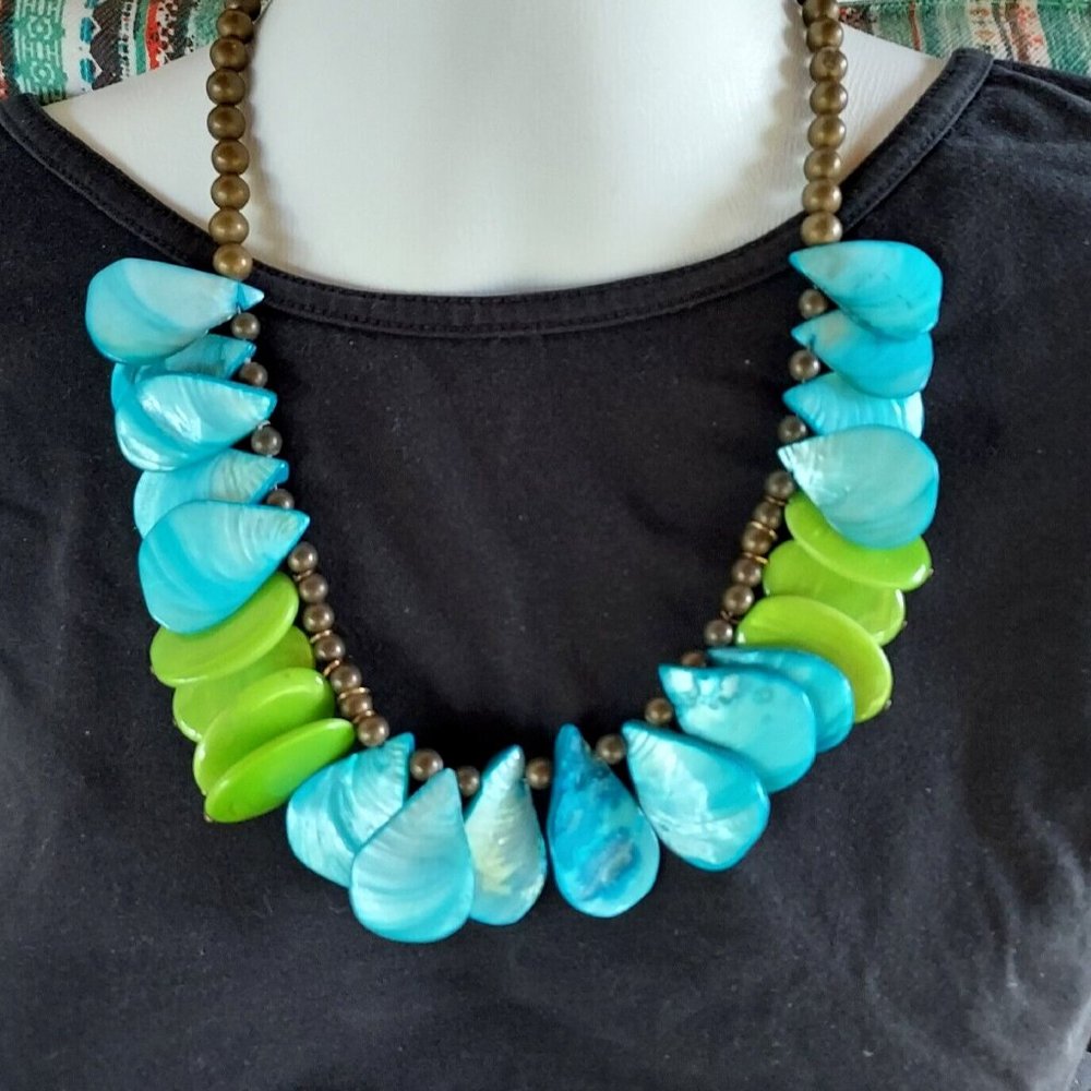 Chico’s turquoise, green, lava, and brown beads w/ tiny abalone shells ?